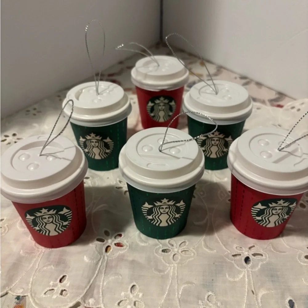 Starbucks Set of 6 Hanging Christmas Ornaments Red and Green